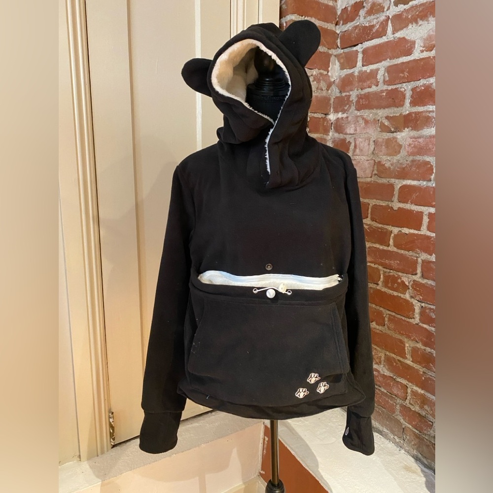 Pet pocket Black and White Fleece Sweatshirt with Graphic Design